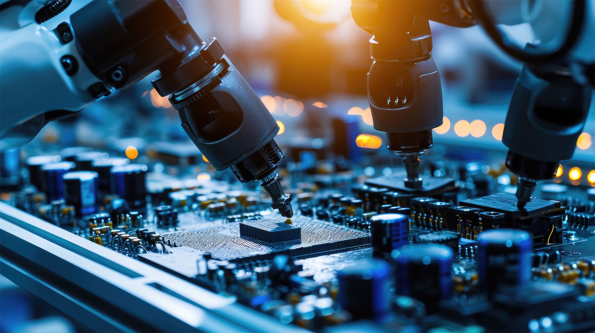 Precision robotic arms place components on a circuit board in a semiconductor manufacturing facility.